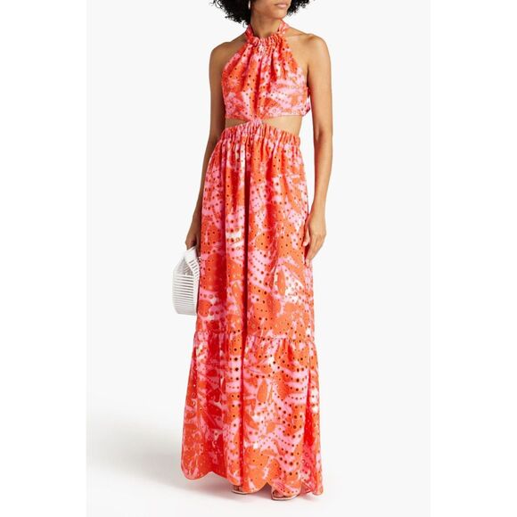 NWT ML MONIQUE LHUILLIER Cutout Orange Pink Maxi Summer Dress Size 8 Beach - Picture 1 of 2